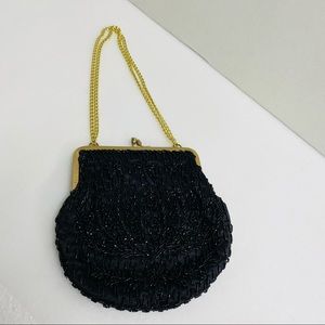 Vintage Black Beaded Purse handmade in Hong Kong Kiss Lock gold tone metal frame